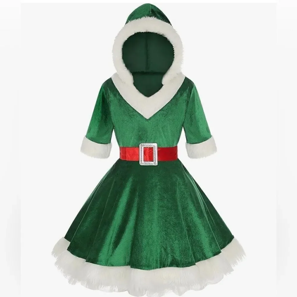 LMYOVE Girls Santa Green Elf Hooded Dress Costume(Large, Green)